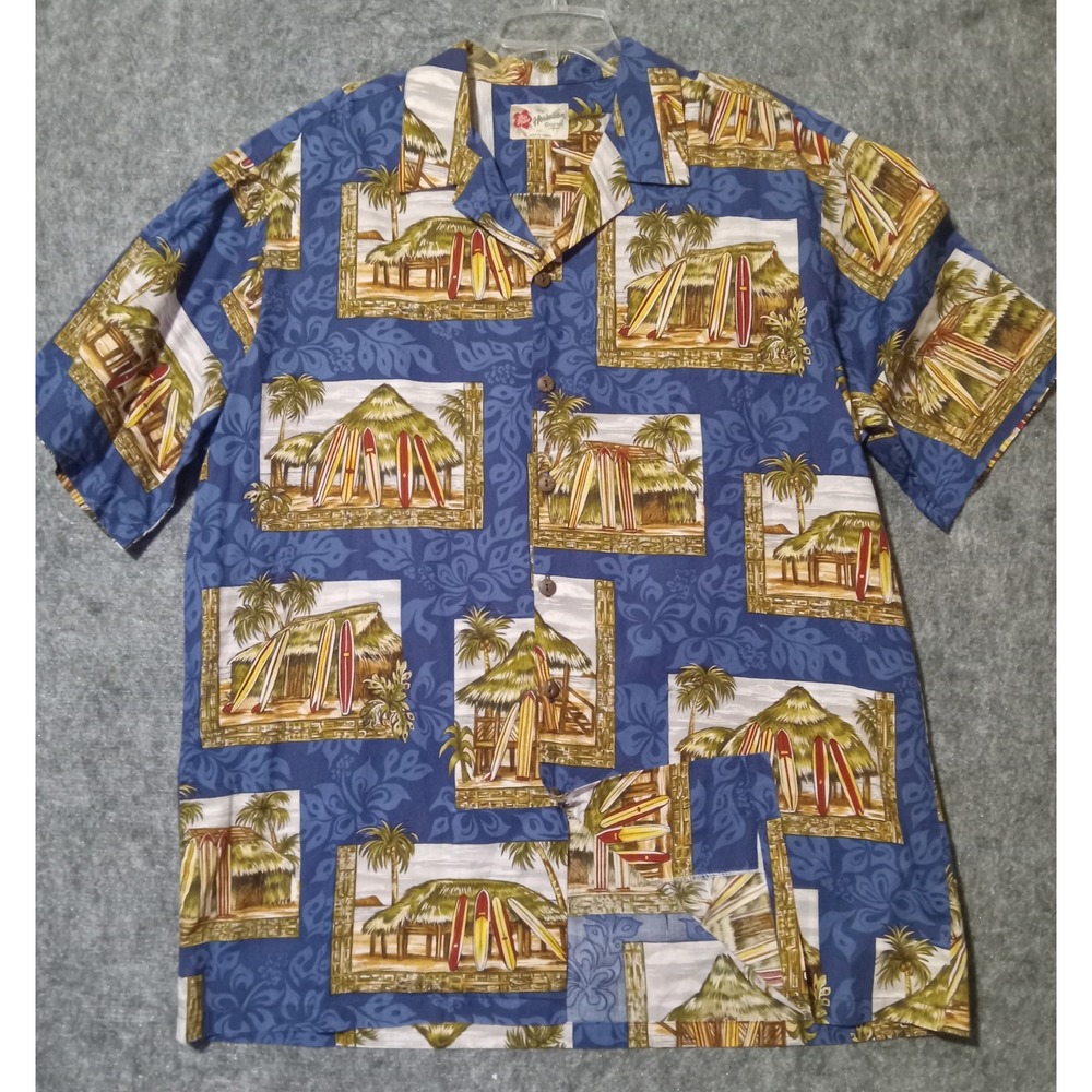 Hilo Hattie Hawaiian Shirt Mens 2XL Blue Surfboard Beach Print Cotton Button Up